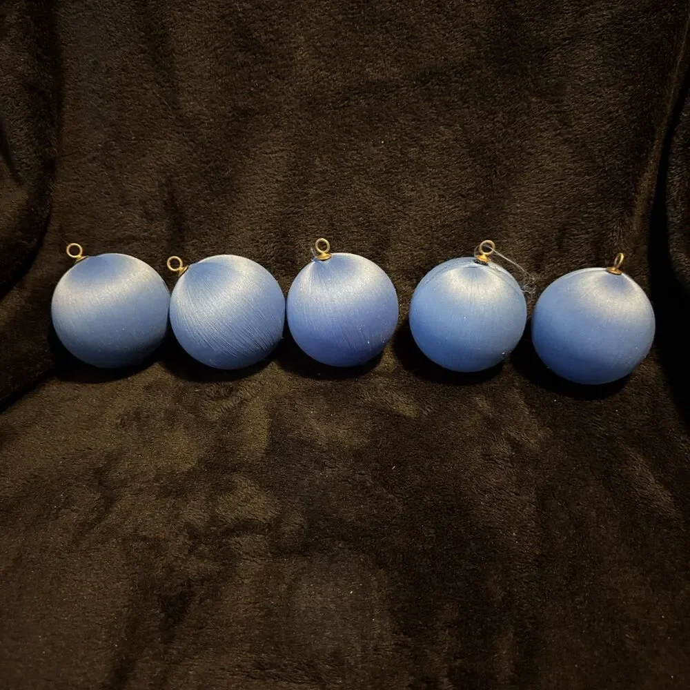 5 Vintage 60s Blue Satin Round Ball Christmas Ornaments Unbreakable